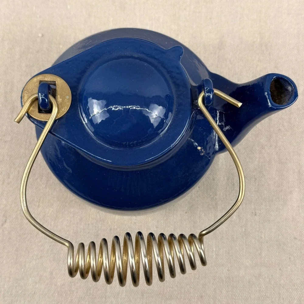 MCM‎ Blue Enamel Cast Iron Teapot Spring Handle Quistgaard Style Danish Modern